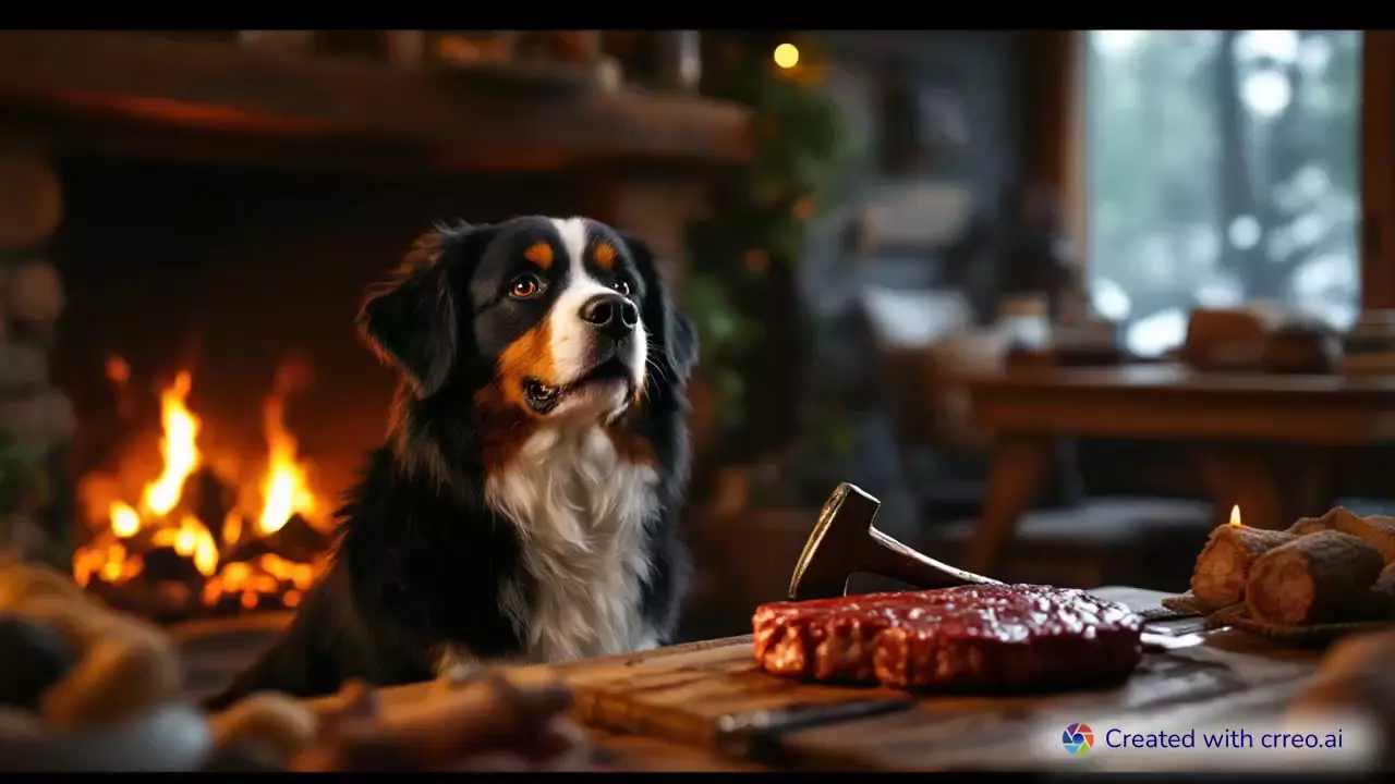 "Cozy Cabin Feast: Bernese Mountain Dog Enjoys a Juicy Tomahawk Steak Delight!"