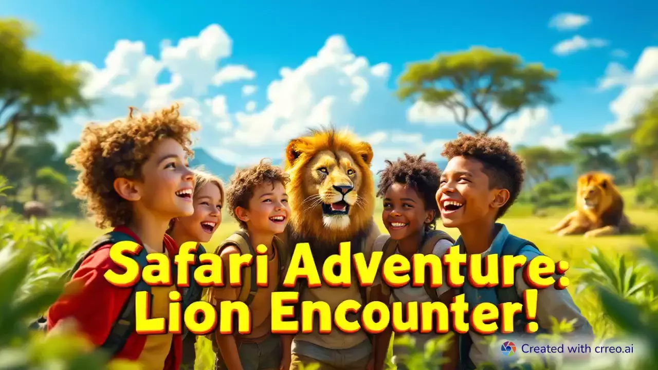 "Thrilling Safari Adventure: Kids' Close Encounter with a Majestic Lion!"