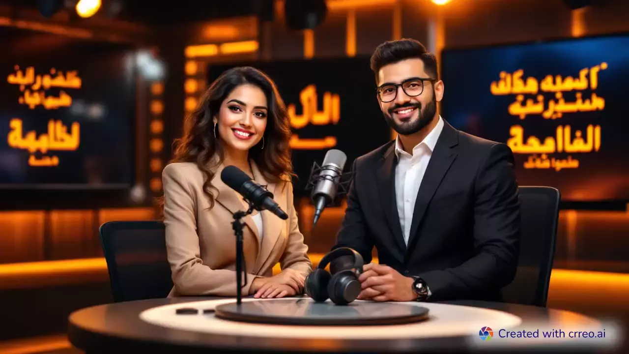 "Join Amina & Omar for Lively Arabic Culture Talks in a Modern Radio Studio!"