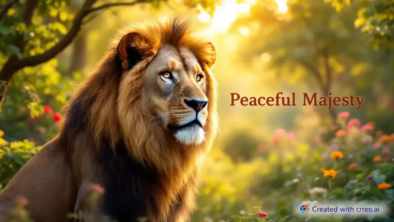 "Serenity and Strength: A Lion's Peaceful Journey in a Sunlit Garden"