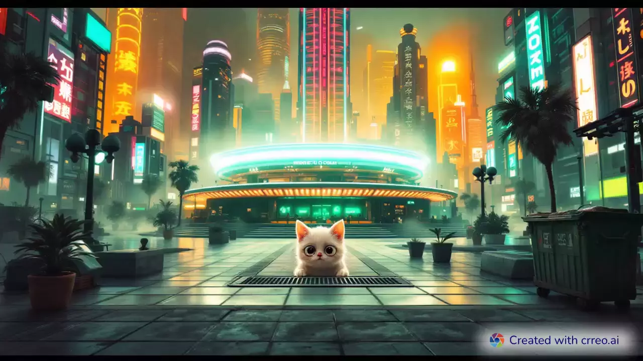 "Futuristic City Secrets: The World's Largest Restaurant and a Hidden Stray Cat's Struggle"