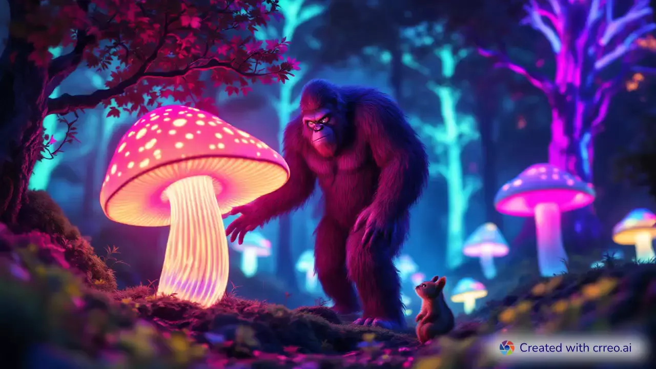 "Bigfoot's Trippy Adventure: Lost in a Neon Forest of Glowing Mushrooms!"