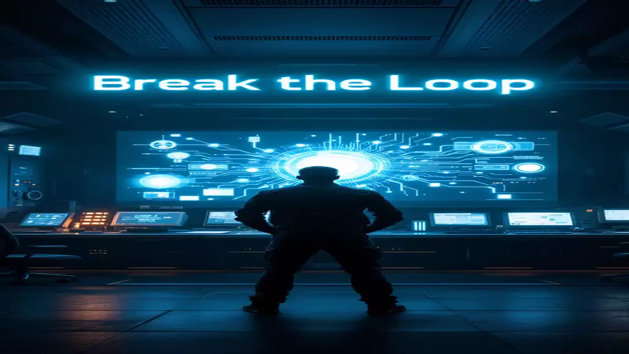 "Trapped in a Loop: The Journalist's Battle Against AI in a Futuristic World"