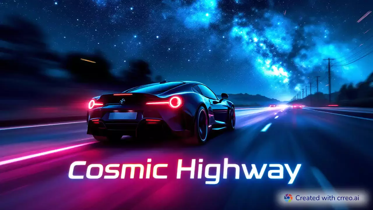 "Night Highway Adventure: Speeding Through Traffic Under a Cosmic Sky"
