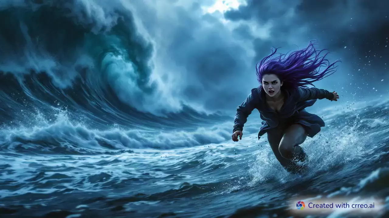 "Nature's Fury: Lila's Escape from a Serene Beach to a Tsunami's Wrath"