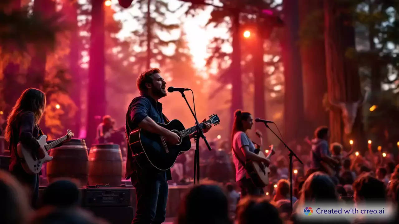 "Sunset Concert Vibes: Acoustic Harmony Amidst Majestic Redwoods 🌲🎶"