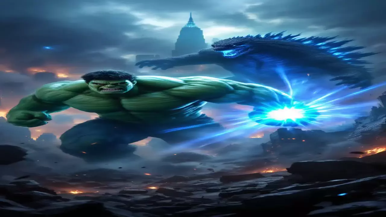 "Hulk vs Godzilla: Epic Battle of Titans in a Crumbling Cityscape!"
