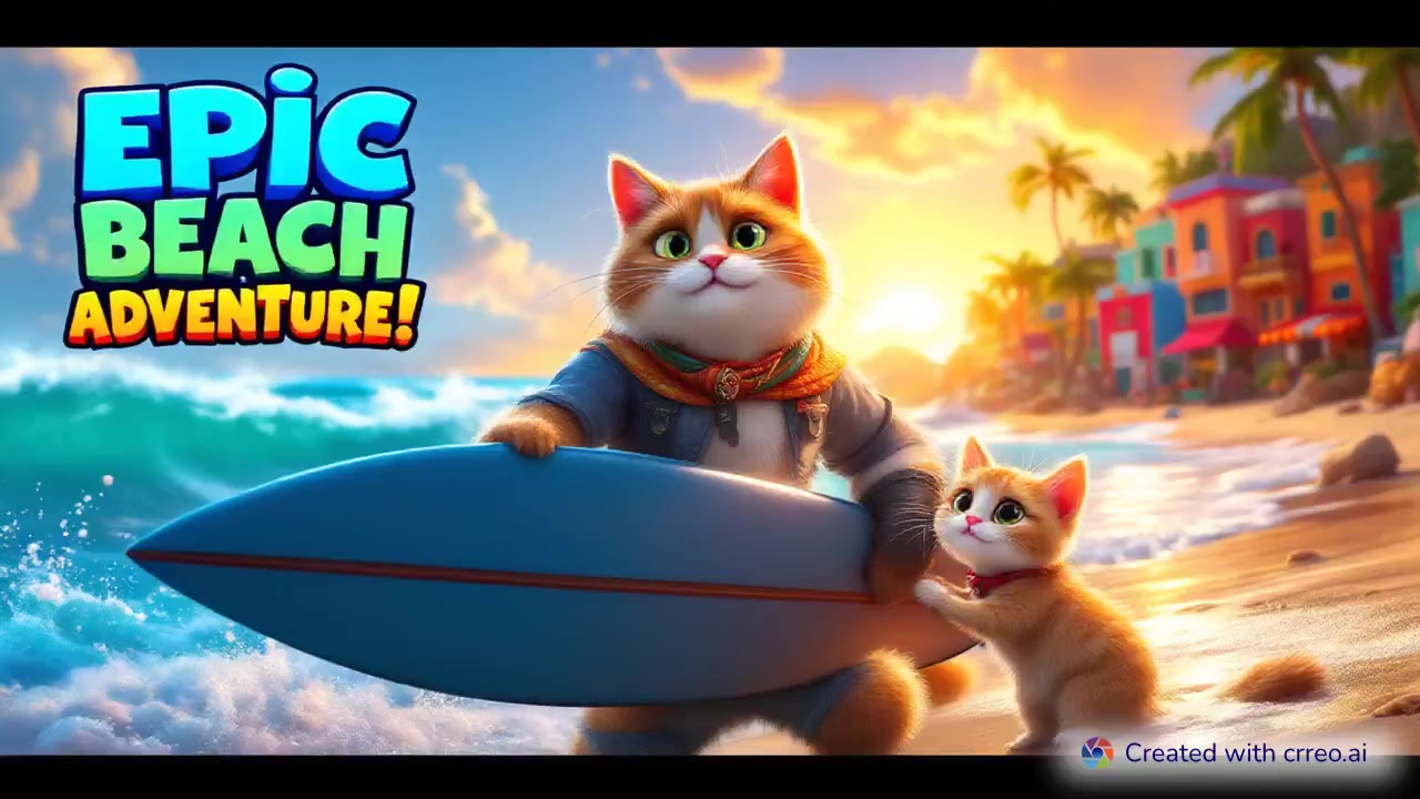 "Epic Cat Adventure: Max & Whiskers Ride Waves and Face Sharks!"