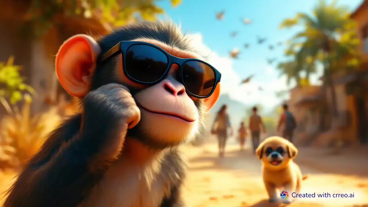 "Stylish Monkey's Morning Adventure: Sunglasses, Sunshine, and a Playful Puppy!"